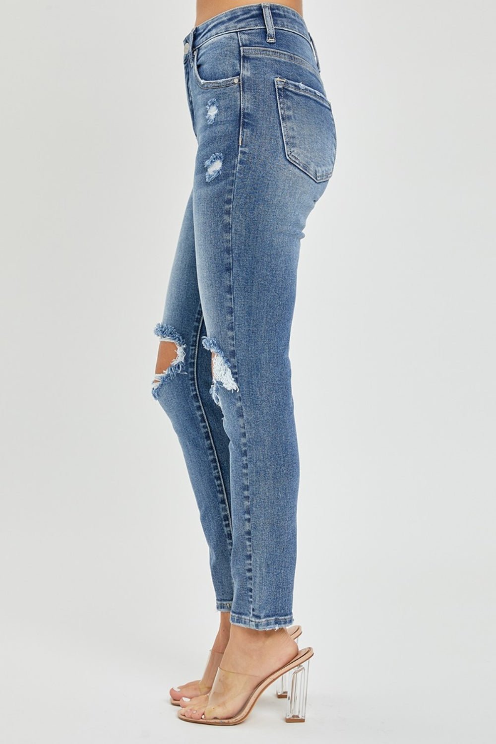 Risen Full Size High Rise Knee Distressed Skinny Jeans - Jeans - Medium - Bella Bourget