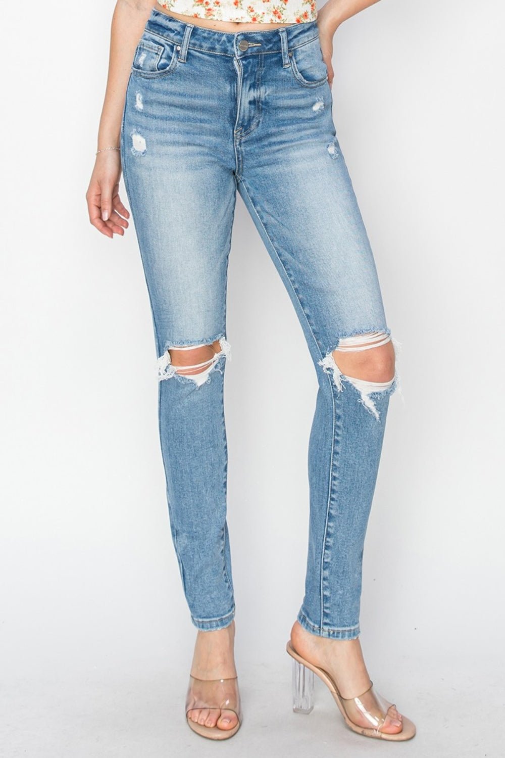 Risen Full Size High Rise Knee Distressed Skinny Jeans - Jeans - Light - Bella Bourget