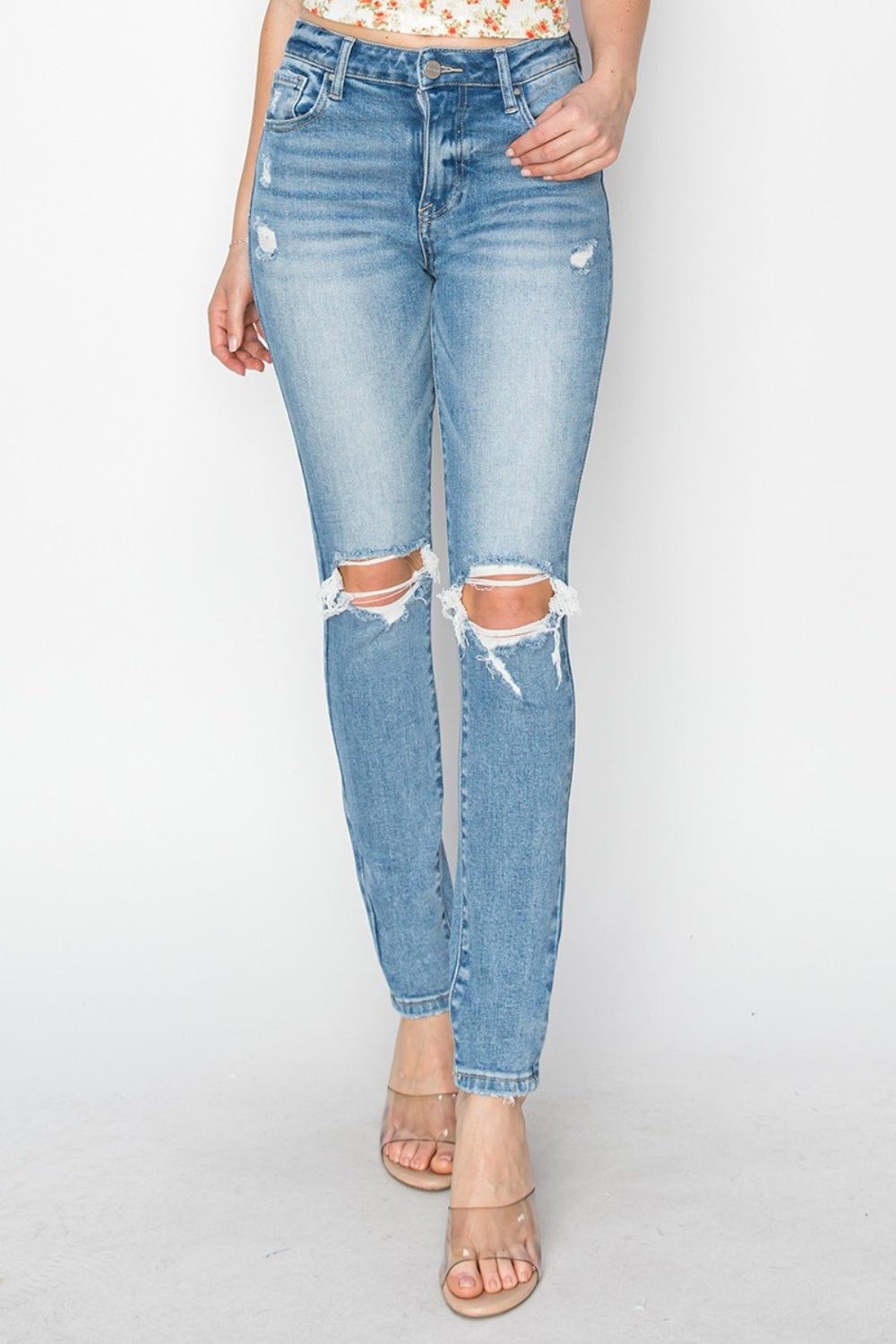 Risen Full Size High Rise Knee Distressed Skinny Jeans - Jeans - Light - Bella Bourget