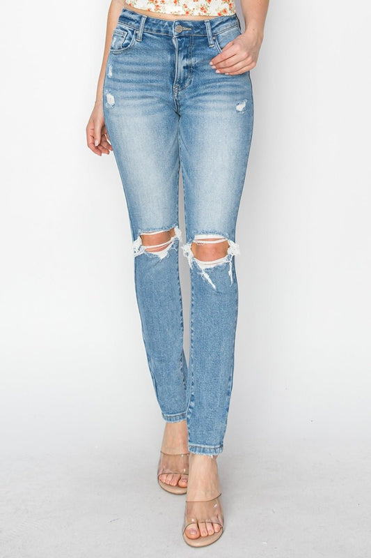 Risen Full Size High Rise Knee Distressed Skinny Jeans - Jeans - Light - Bella Bourget