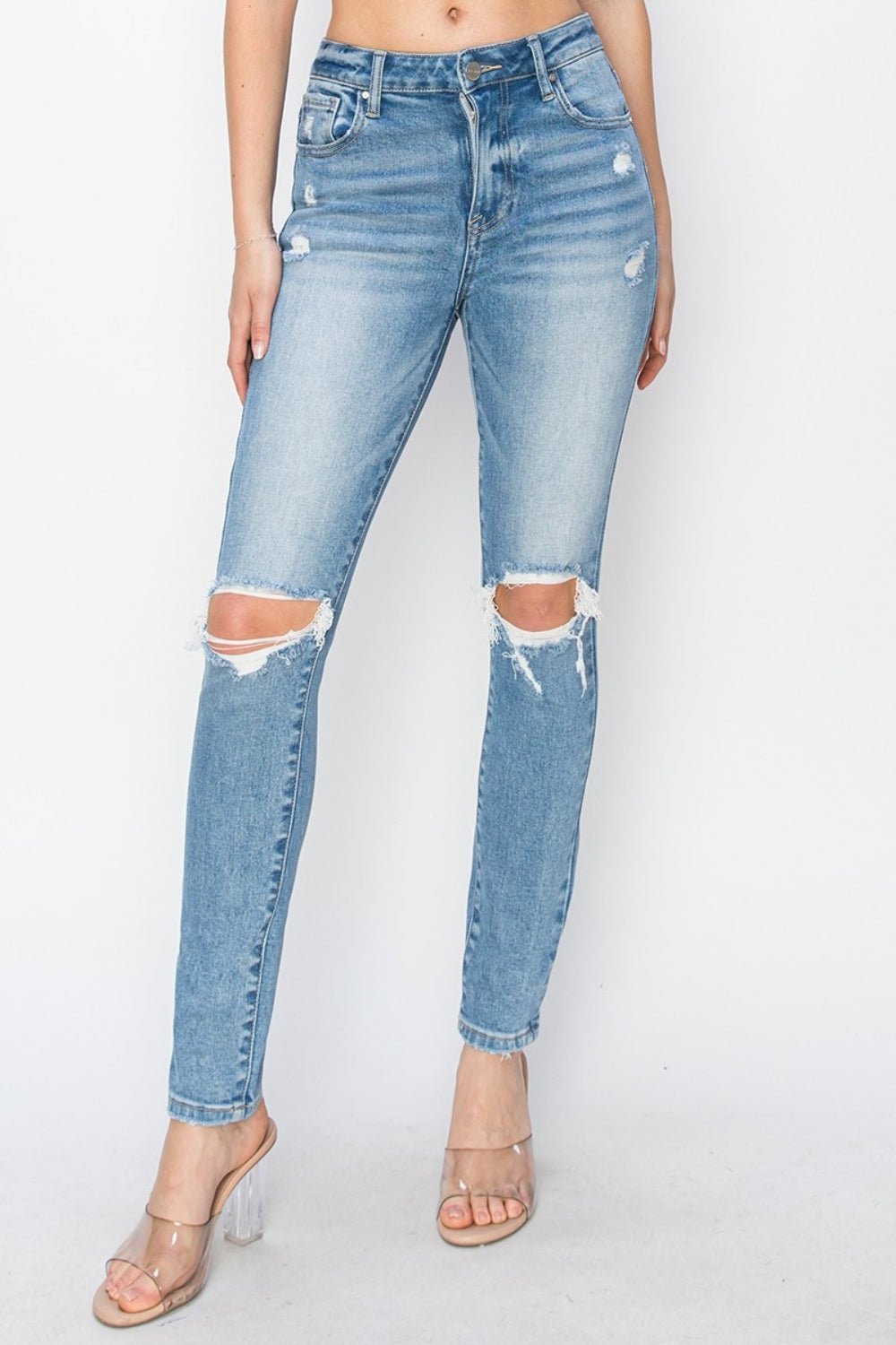 Risen Full Size High Rise Knee Distressed Skinny Jeans - Jeans - Light - Bella Bourget