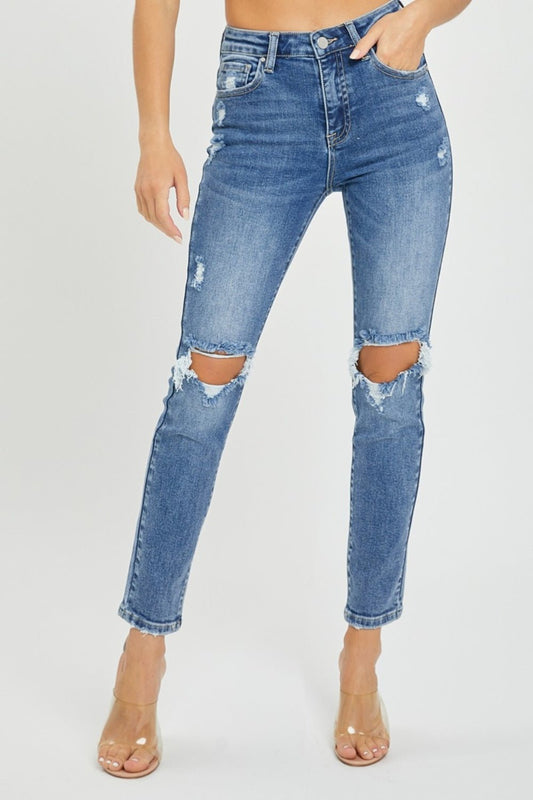 Risen Full Size High Rise Knee Distressed Skinny Jeans - Jeans - Medium - Bella Bourget