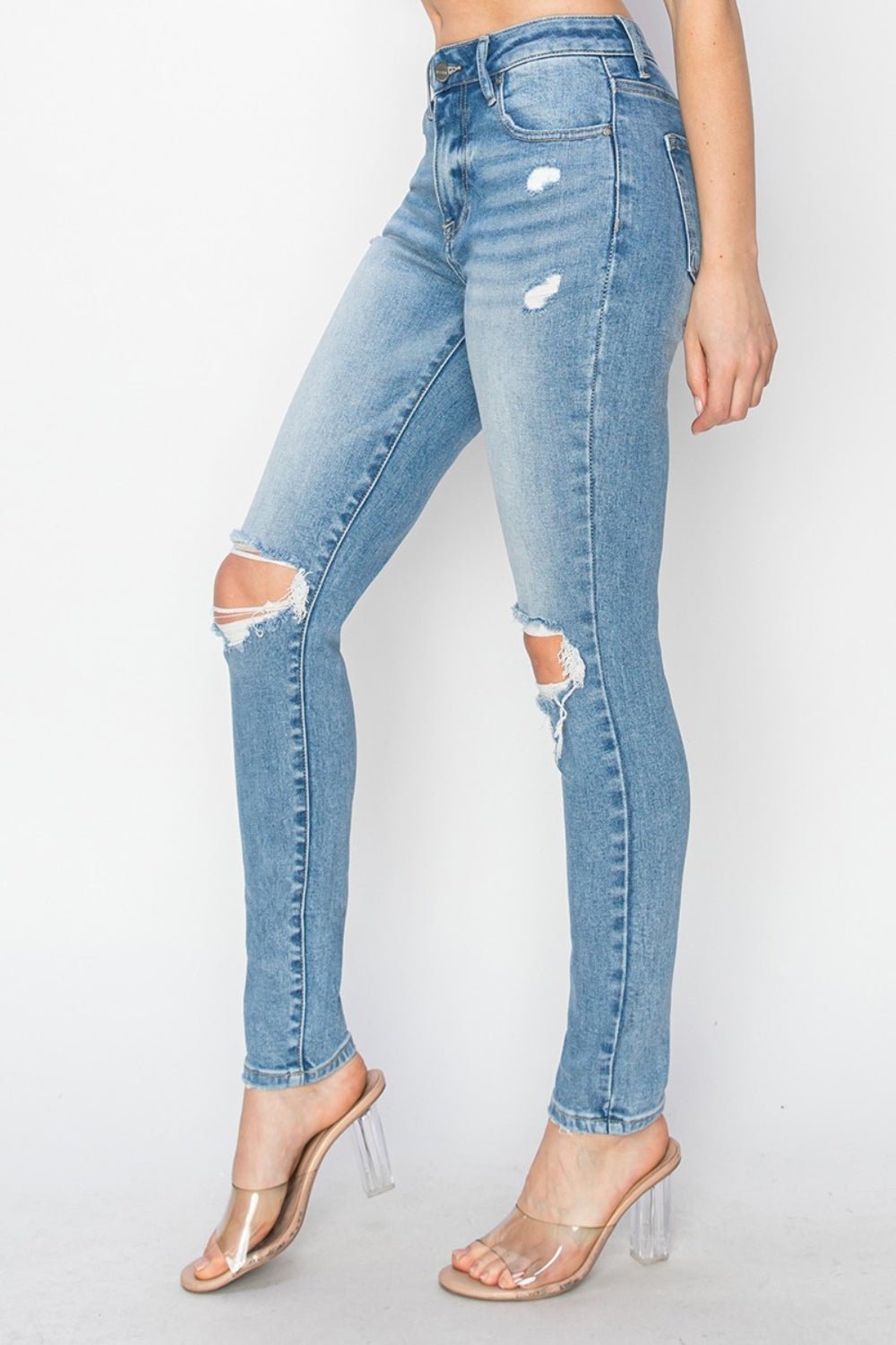 Risen Full Size High Rise Knee Distressed Skinny Jeans - Jeans - Light - Bella Bourget