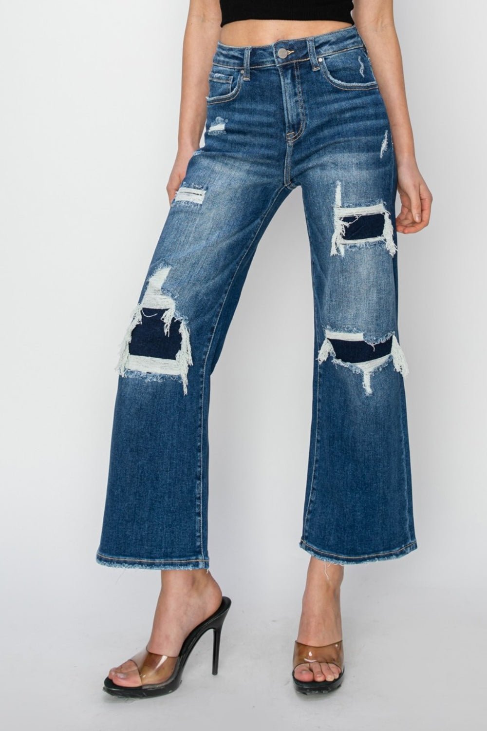 Risen Full Size High Rise Patch Detailed Wide Leg Crop Jeans - Jeans - Medium - Bella Bourget