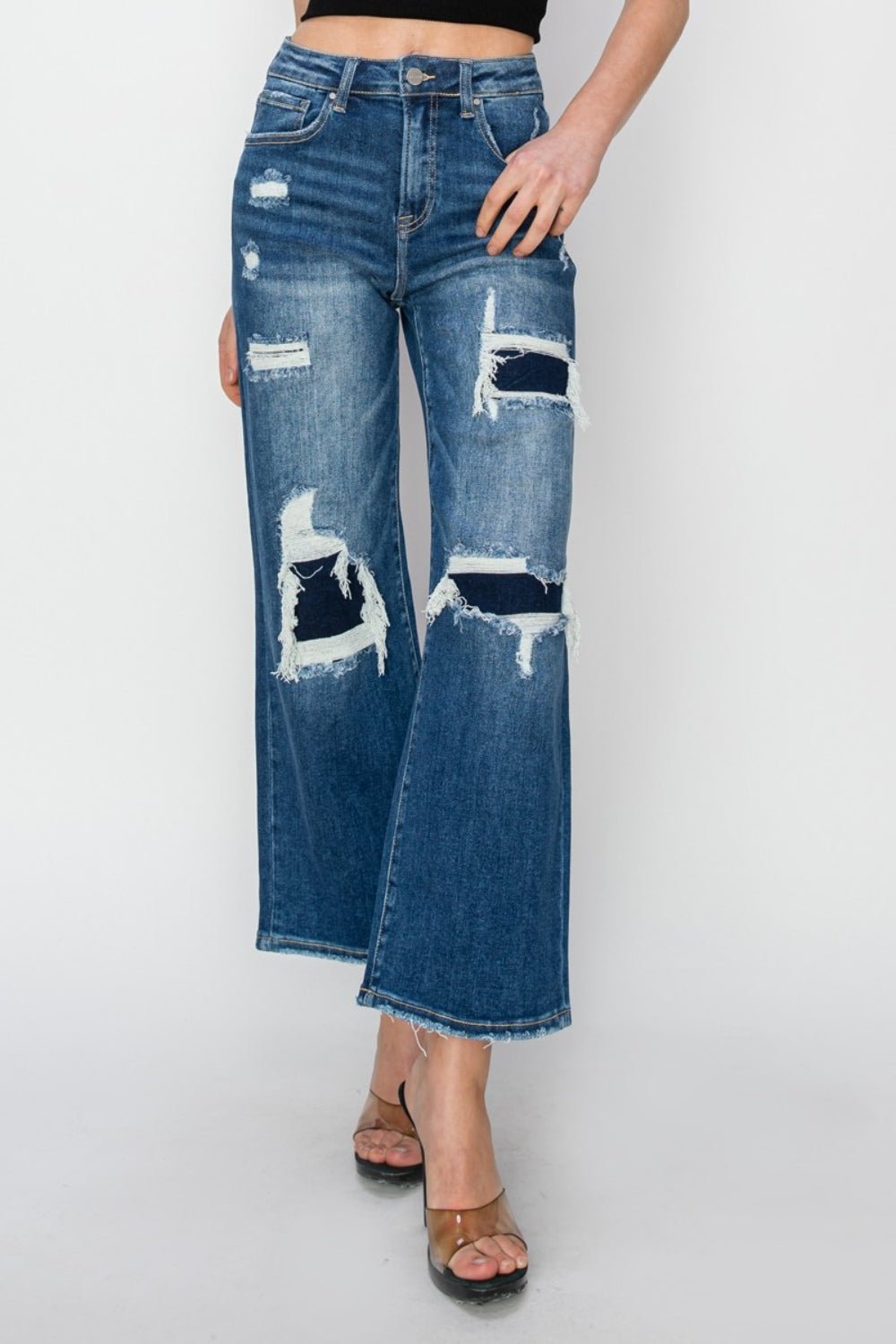 Risen Full Size High Rise Patch Detailed Wide Leg Crop Jeans - Jeans - Medium - Bella Bourget