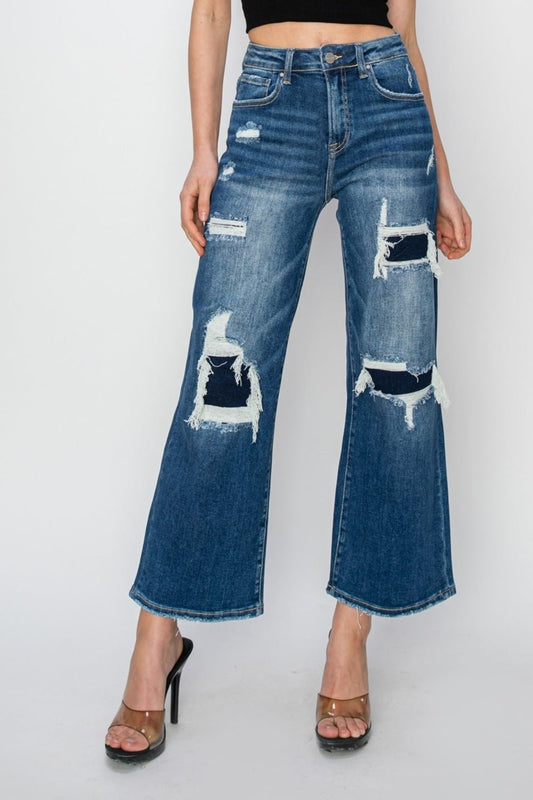 Risen Full Size High Rise Patch Detailed Wide Leg Crop Jeans - Jeans - Medium - Bella Bourget