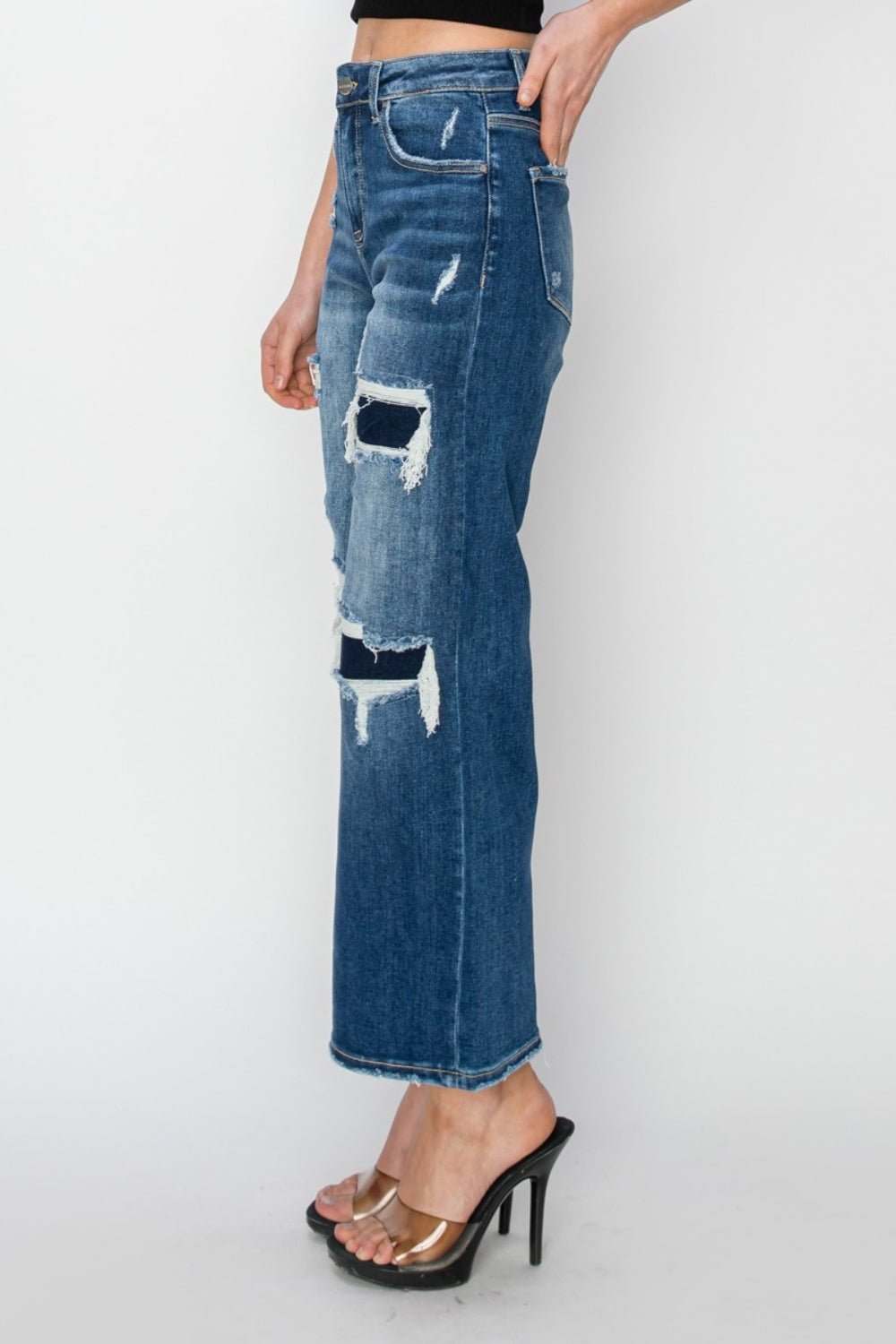 Risen Full Size High Rise Patch Detailed Wide Leg Crop Jeans - Jeans - Medium - Bella Bourget