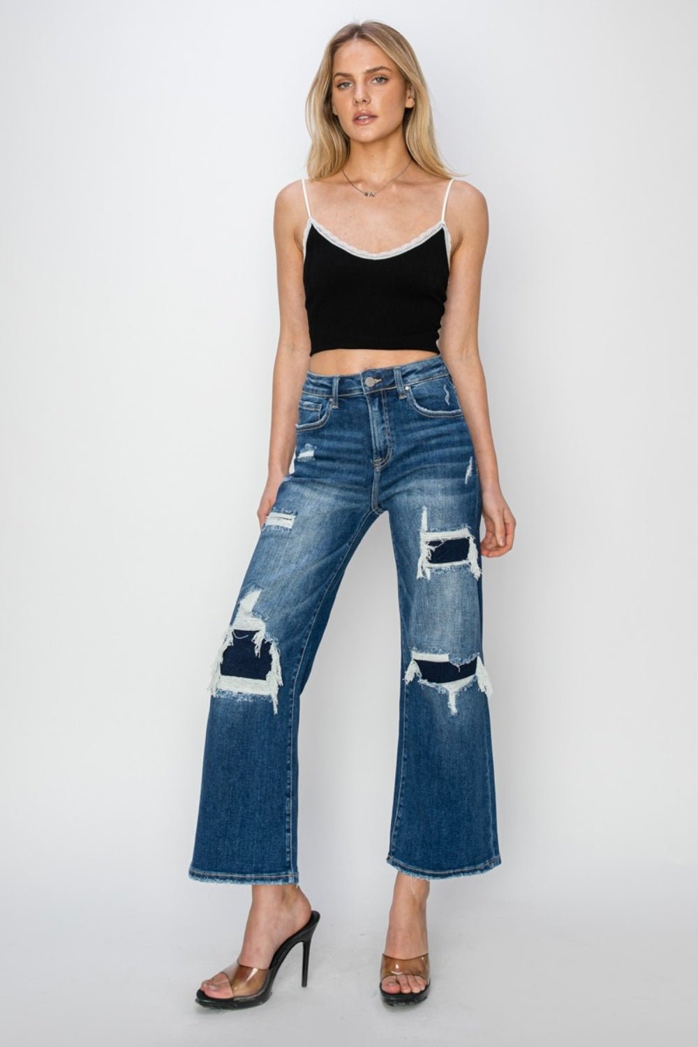 Risen Full Size High Rise Patch Detailed Wide Leg Crop Jeans - Jeans - Medium - Bella Bourget