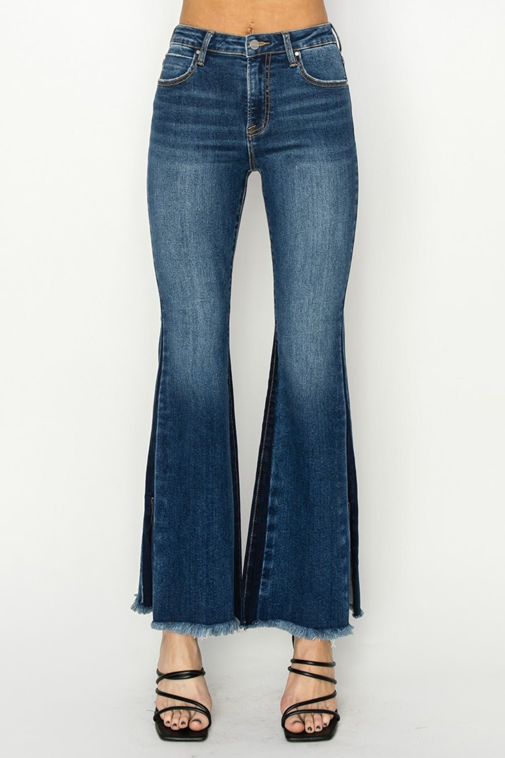 RISEN Full Size High Rise Side Shadow Seam Detail Slit Flare Jeans - Jeans - Dark - Bella Bourget