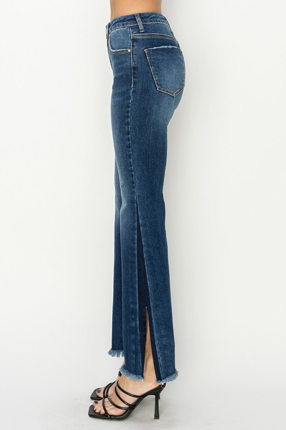 RISEN Full Size High Rise Side Shadow Seam Detail Slit Flare Jeans - Jeans - Dark - Bella Bourget