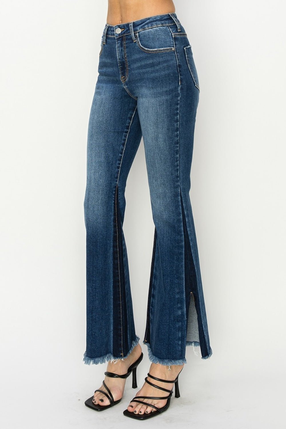 RISEN Full Size High Rise Side Shadow Seam Detail Slit Flare Jeans - Jeans - Dark - Bella Bourget