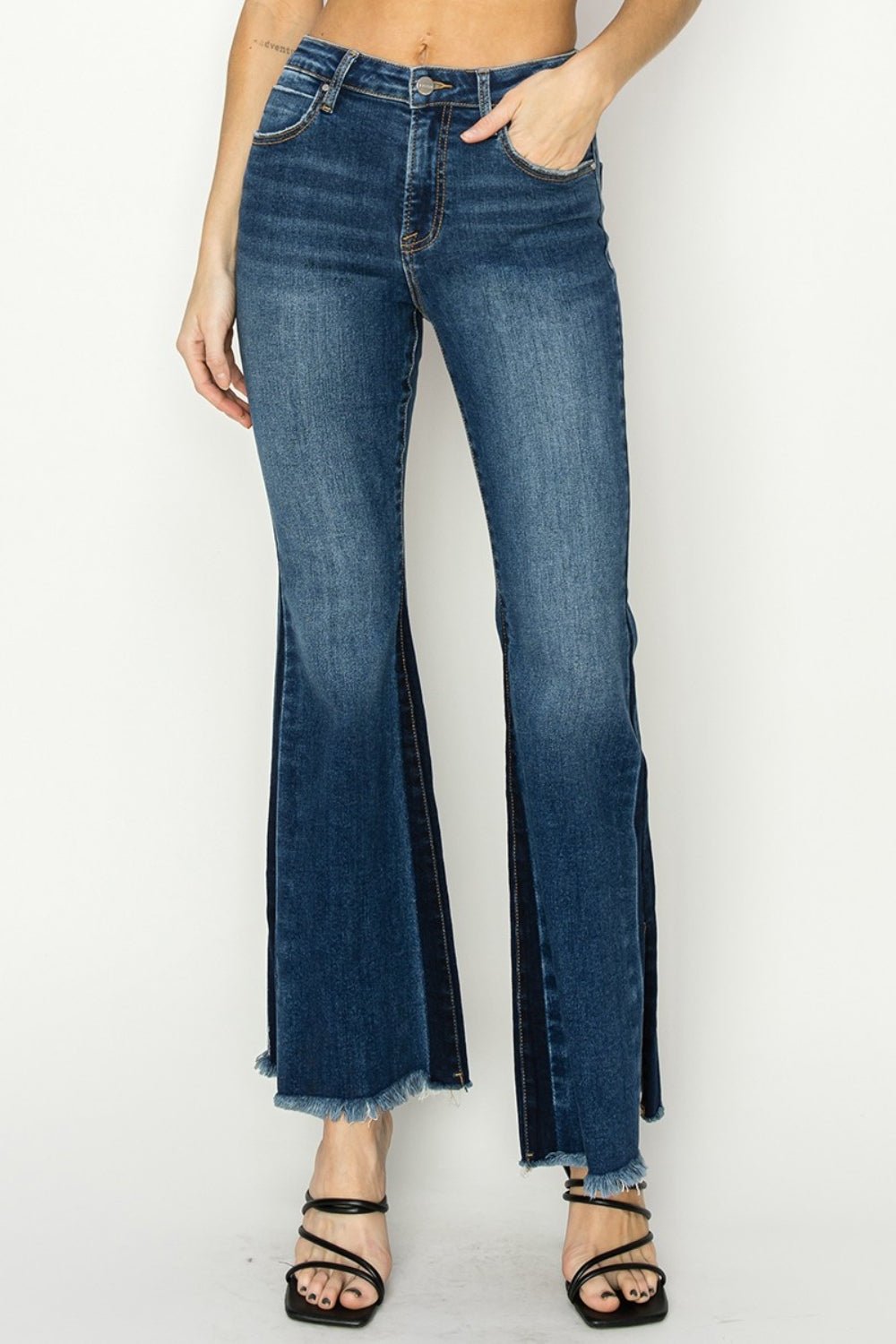 RISEN Full Size High Rise Side Shadow Seam Detail Slit Flare Jeans - Jeans - Dark - Bella Bourget