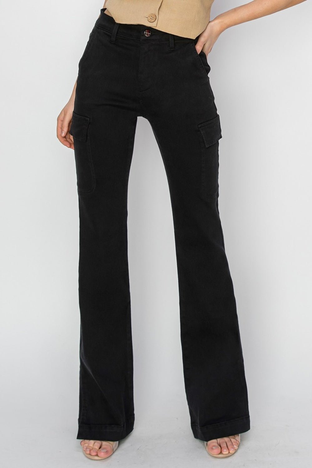 RISEN Full Size High Rise Side Slit Cargo Bootcut Jeans - Jeans - Black - Bella Bourget