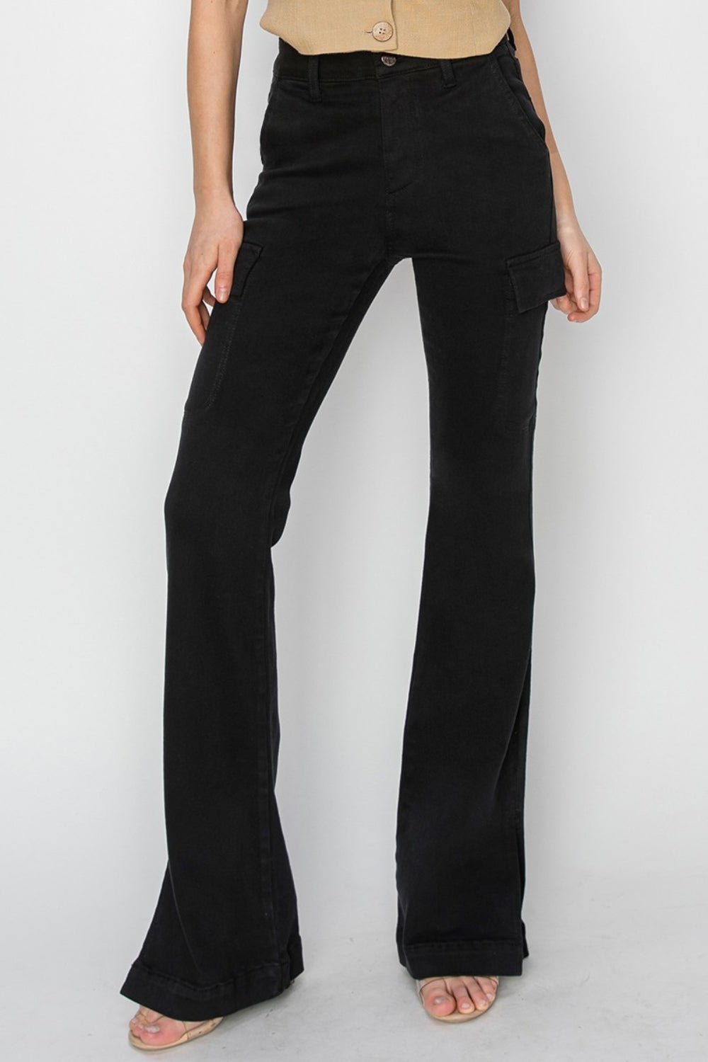 RISEN Full Size High Rise Side Slit Cargo Bootcut Jeans - Jeans - Black - Bella Bourget