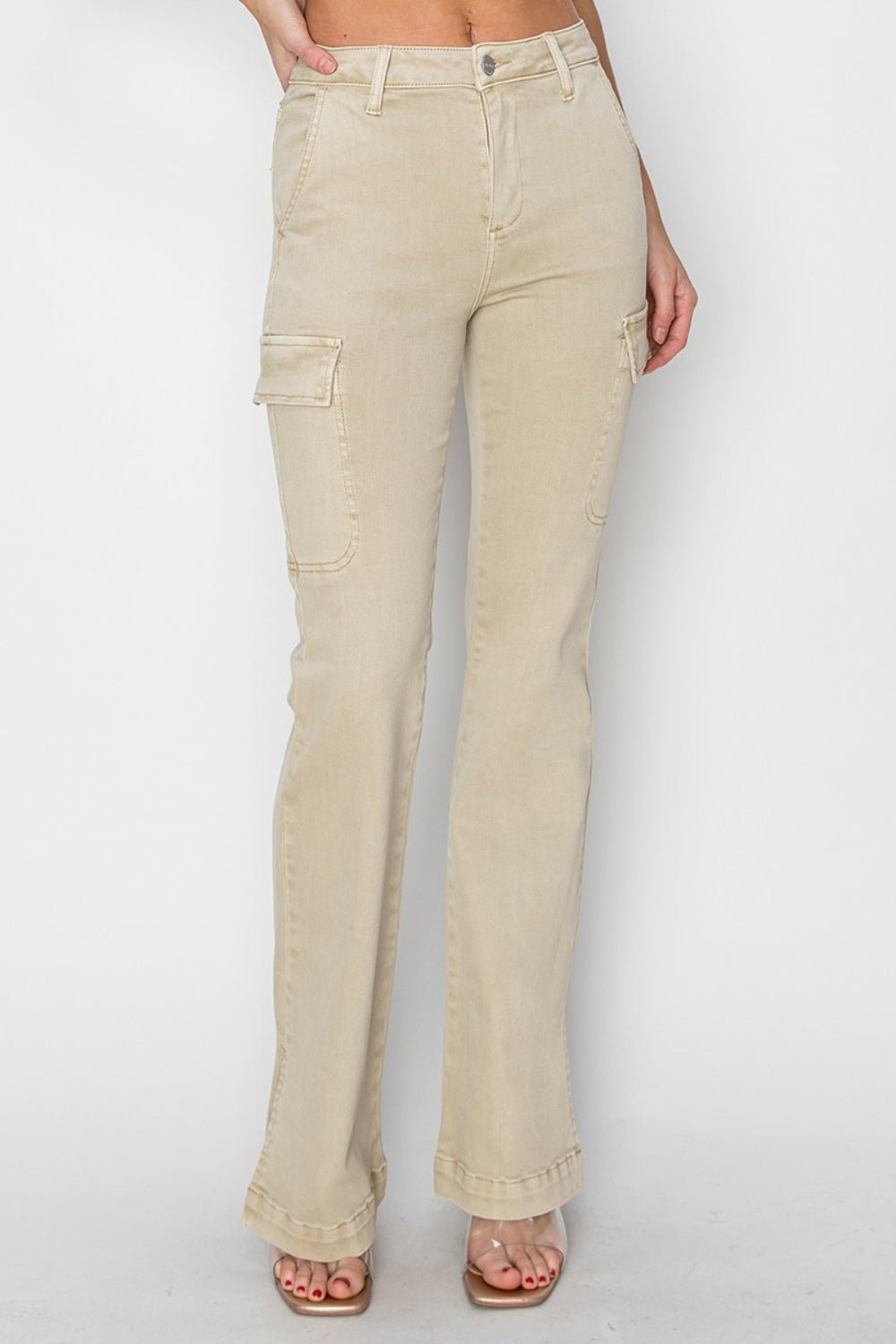 RISEN Full Size High Rise Side Slit Cargo Bootcut Jeans - Jeans - Stone - Bella Bourget