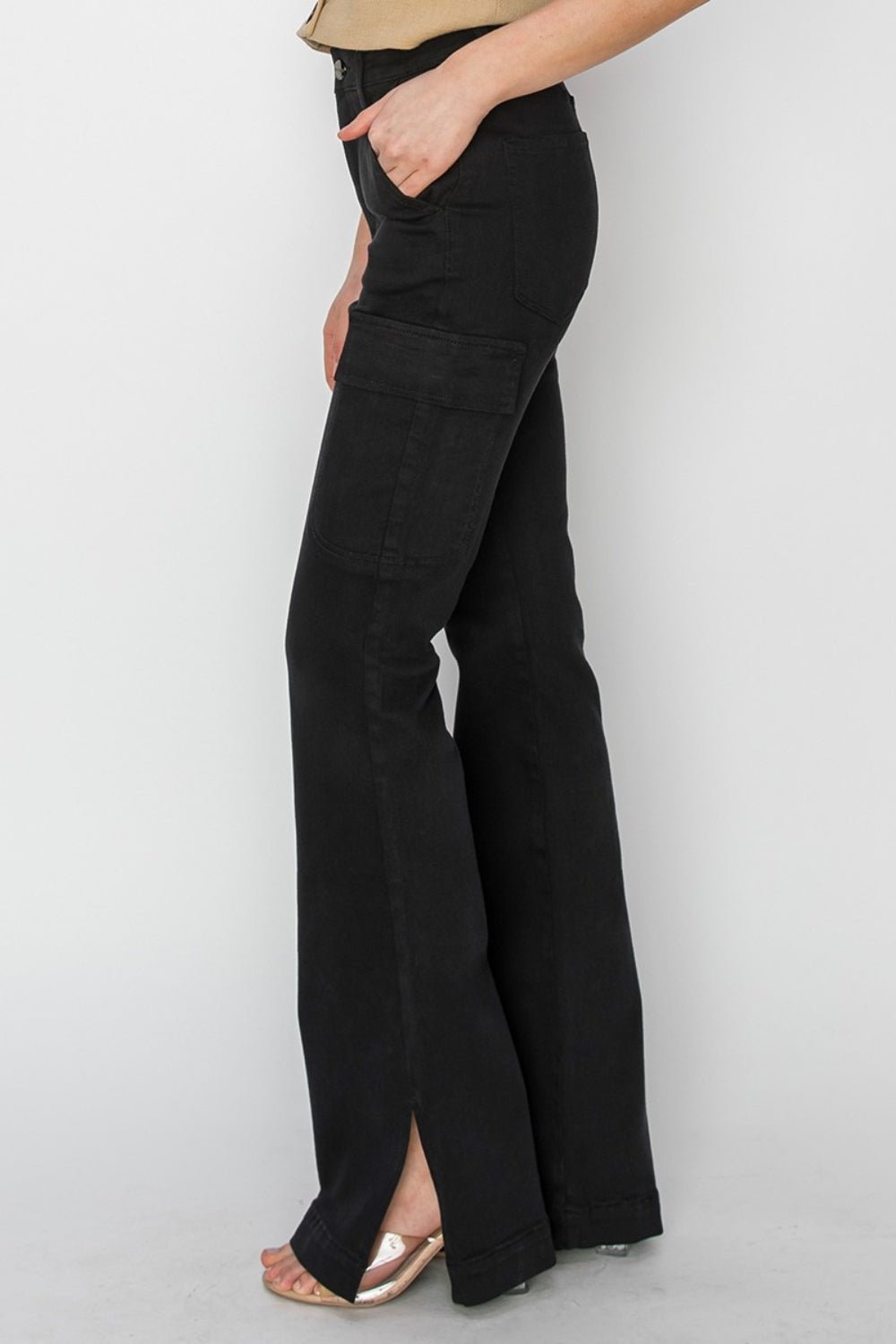 RISEN Full Size High Rise Side Slit Cargo Bootcut Jeans - Jeans - Black - Bella Bourget