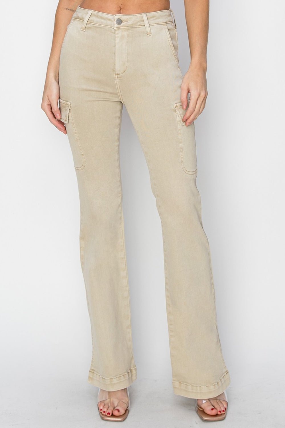 RISEN Full Size High Rise Side Slit Cargo Bootcut Jeans - Jeans - Stone - Bella Bourget