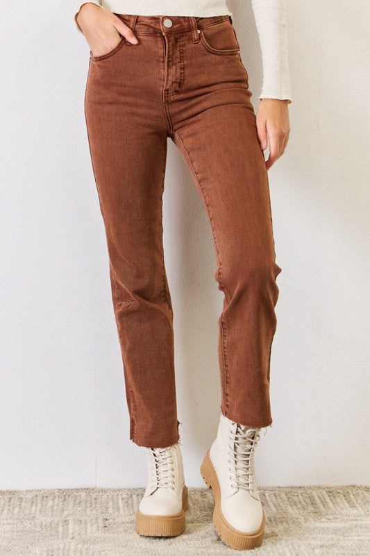 RISEN Full Size High Rise Tummy Control Straight Jeans - Jeans - Espresso - Bella Bourget