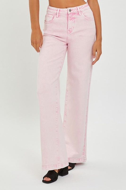 RISEN Full Size High Rise Tummy Control Wide Leg Jeans - jeans - Acid Pink - Bella Bourget