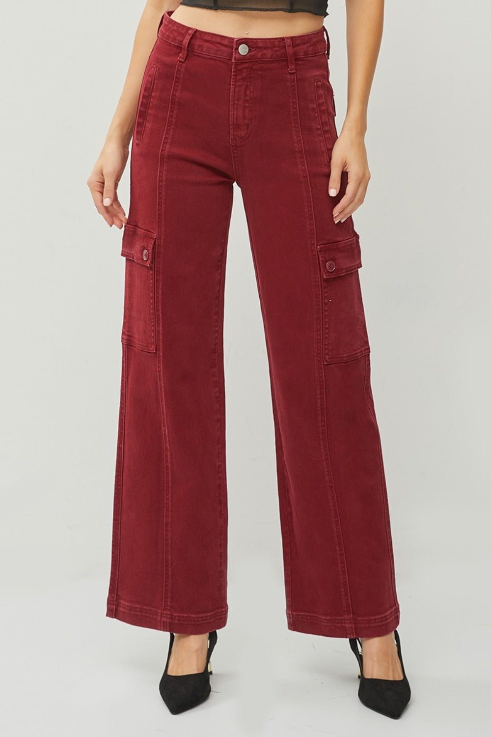 RISEN Full Size High Rise Wide Leg Cargo Jeans - Jeans - Wine - Bella Bourget