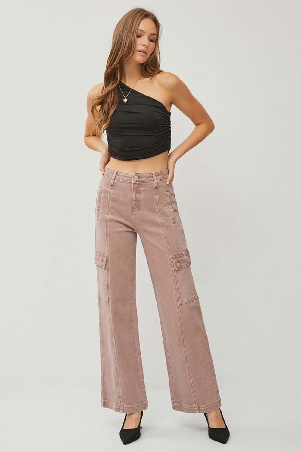 RISEN Full Size High Rise Wide Leg Cargo Jeans - Jeans - Mauve - Bella Bourget