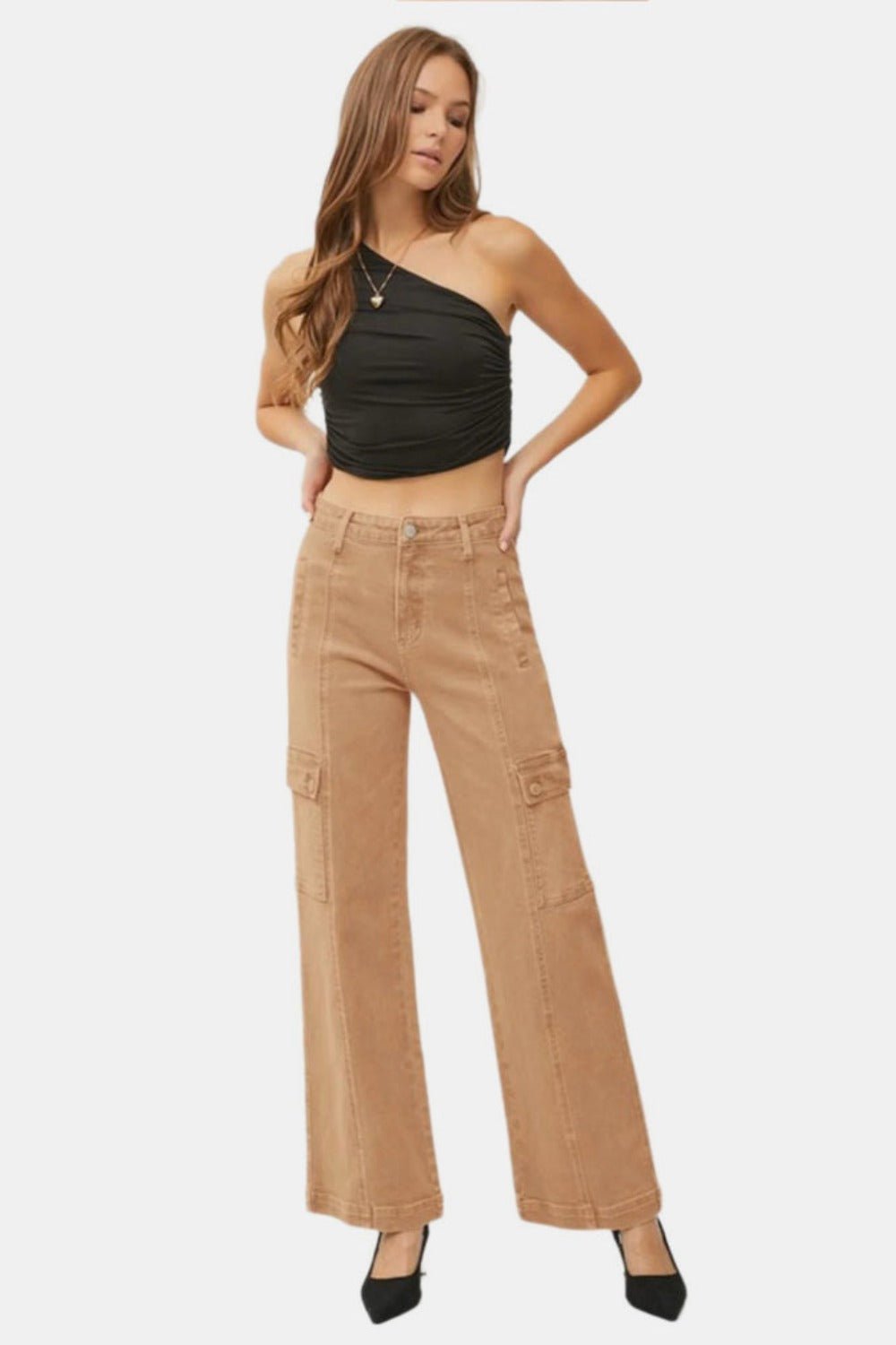 RISEN Full Size High Rise Wide Leg Cargo Jeans - Jeans - Cocoa - Bella Bourget