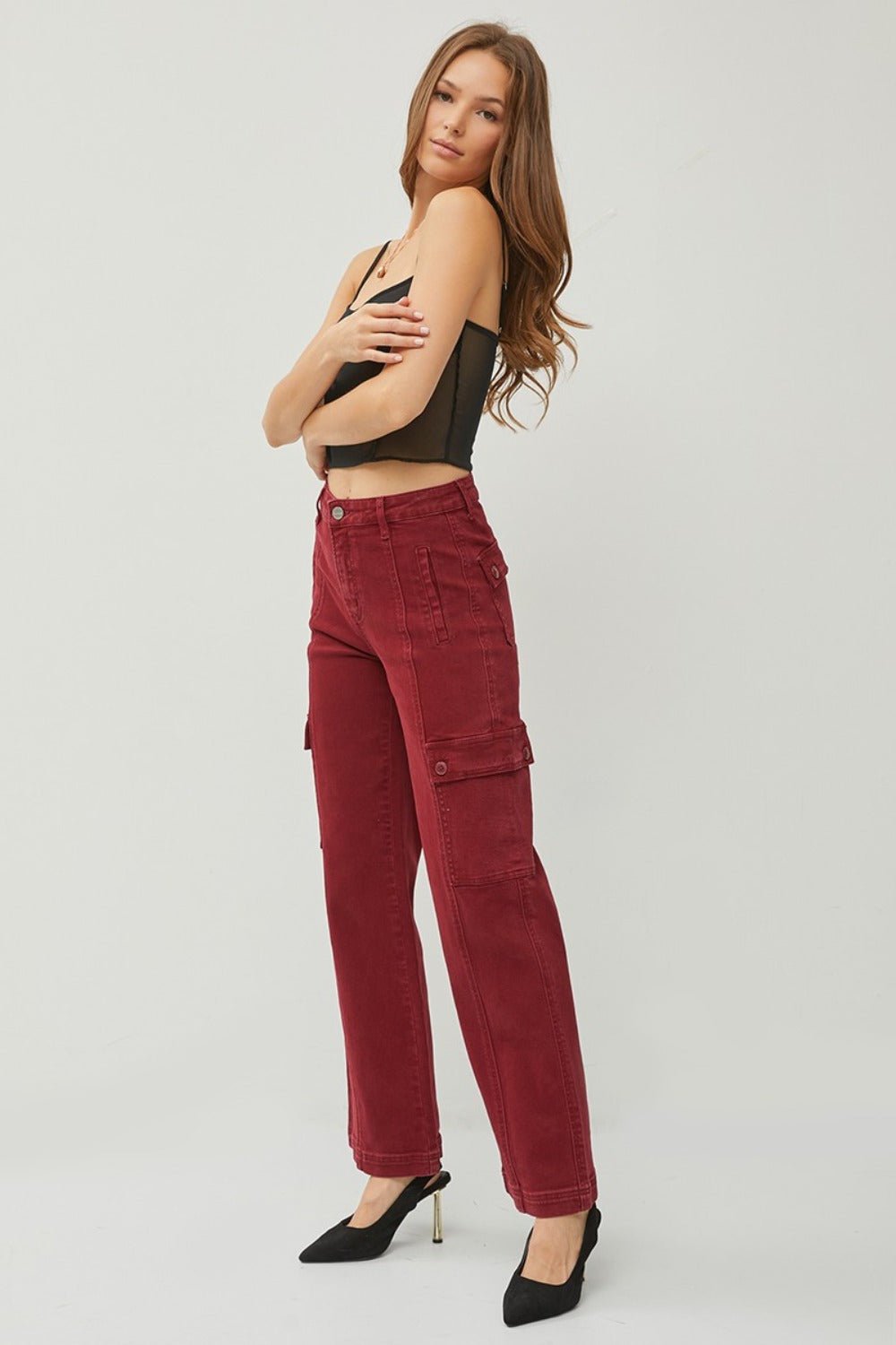 RISEN Full Size High Rise Wide Leg Cargo Jeans - Jeans - Wine - Bella Bourget