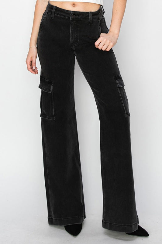 Risen Full Size High Rise Wide Leg Cargo Jeans - Jeans - Black - Bella Bourget