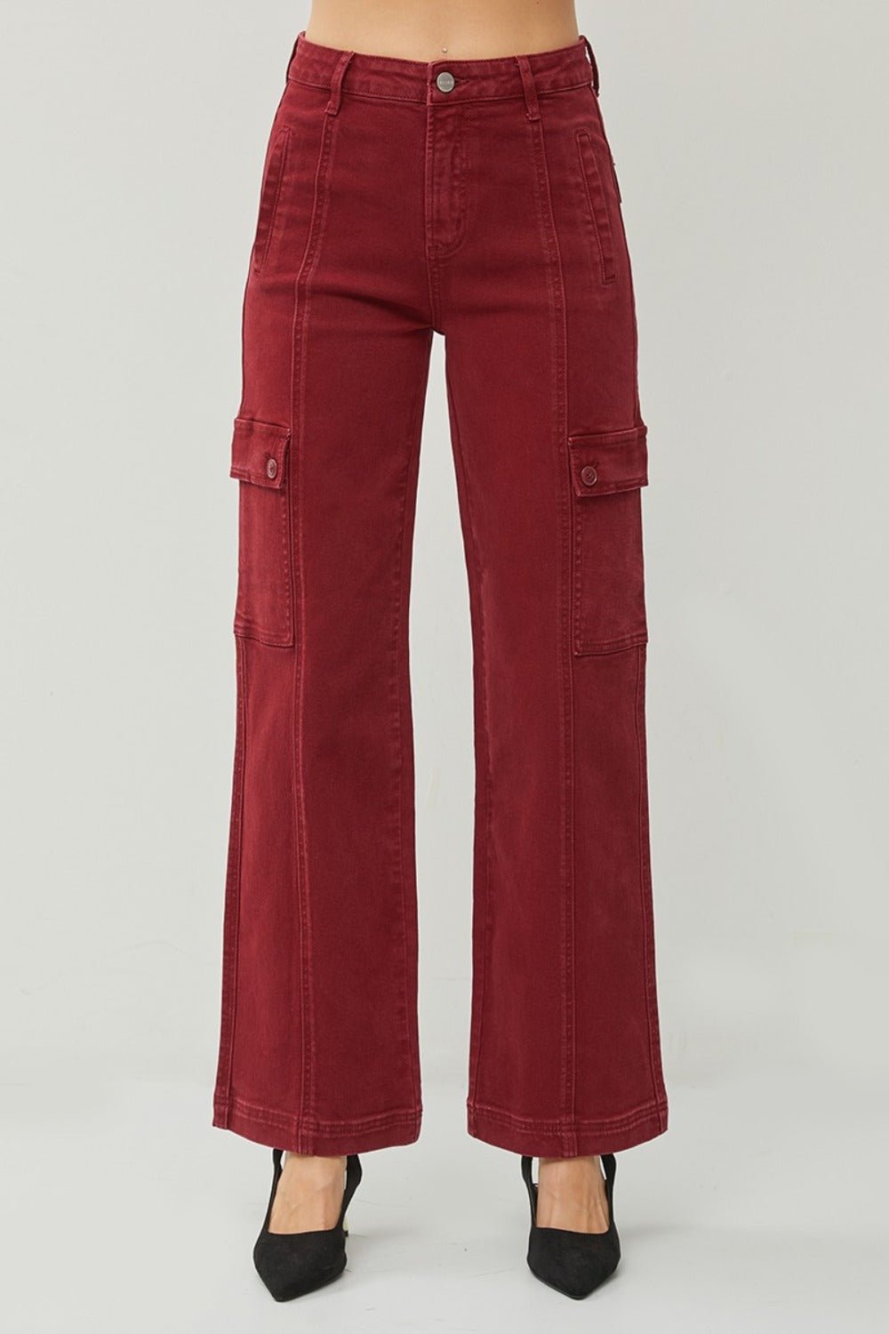 RISEN Full Size High Rise Wide Leg Cargo Jeans - Jeans - Wine - Bella Bourget