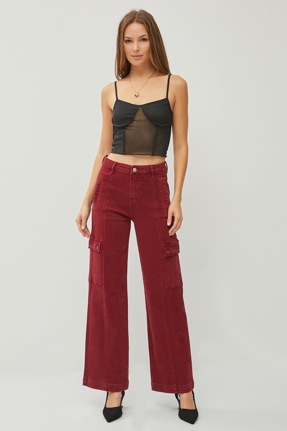 RISEN Full Size High Rise Wide Leg Cargo Jeans - Jeans - Wine - Bella Bourget