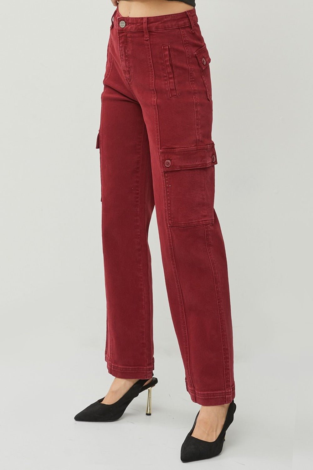 RISEN Full Size High Rise Wide Leg Cargo Jeans - Jeans - Wine - Bella Bourget