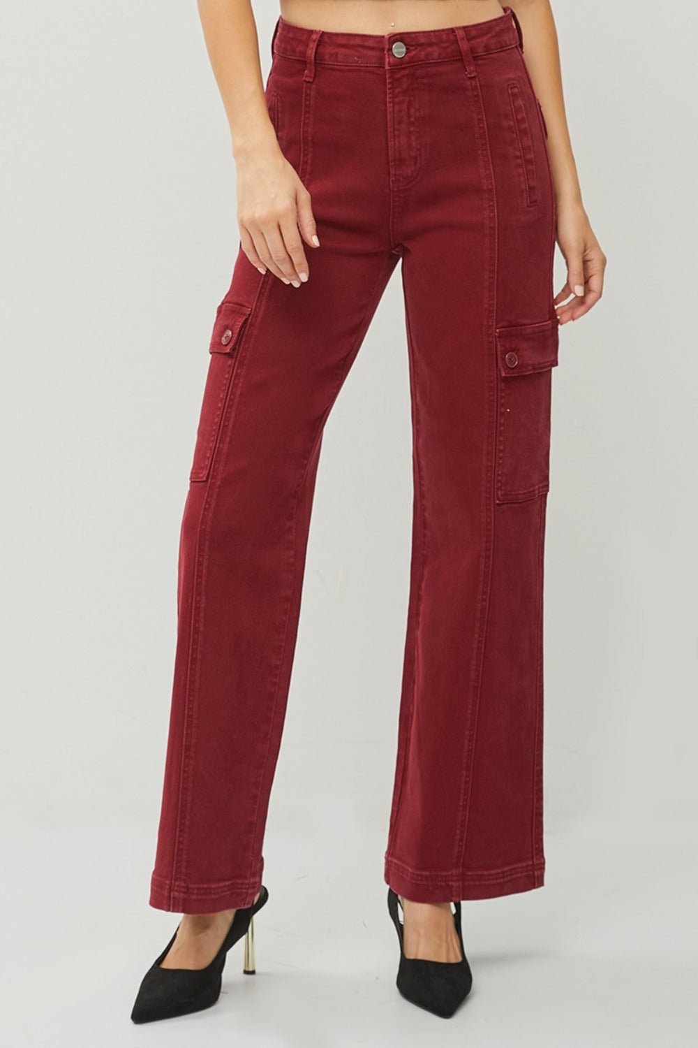 RISEN Full Size High Rise Wide Leg Cargo Jeans - Jeans - Wine - Bella Bourget