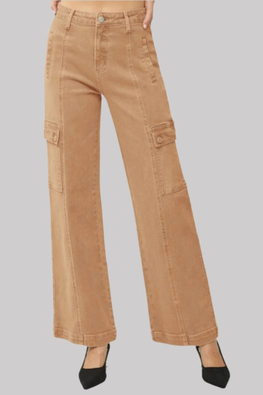 RISEN Full Size High Rise Wide Leg Cargo Jeans - Jeans - Cocoa - Bella Bourget