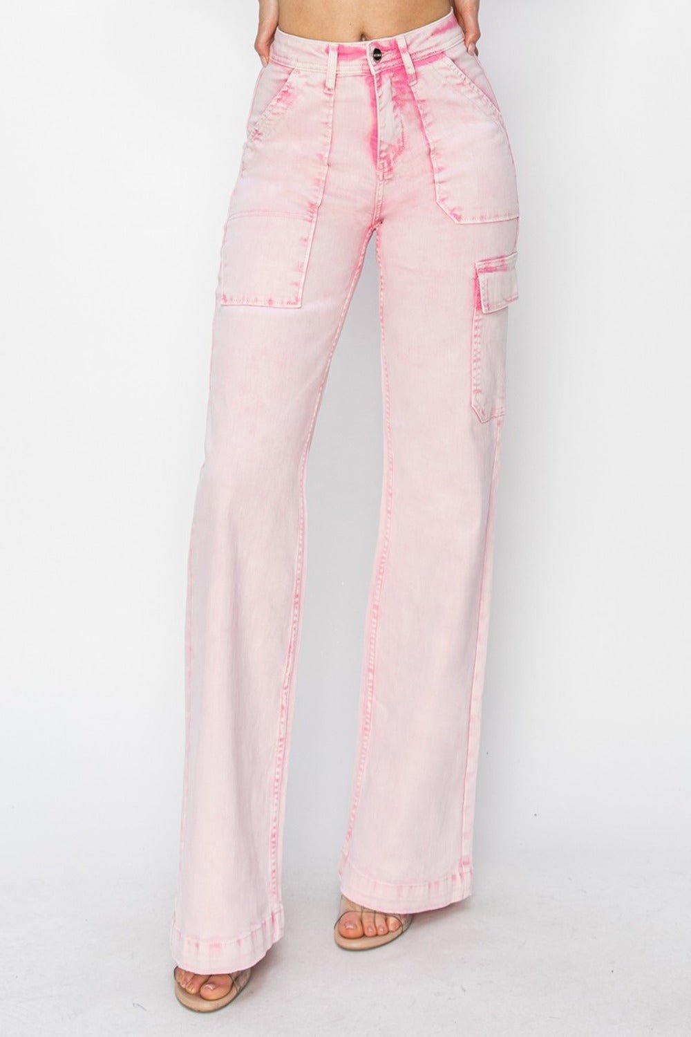 RISEN Full Size High Rise Wide Leg Cargo Pocket Jeans - Jeans - Acid Pink - Bella Bourget