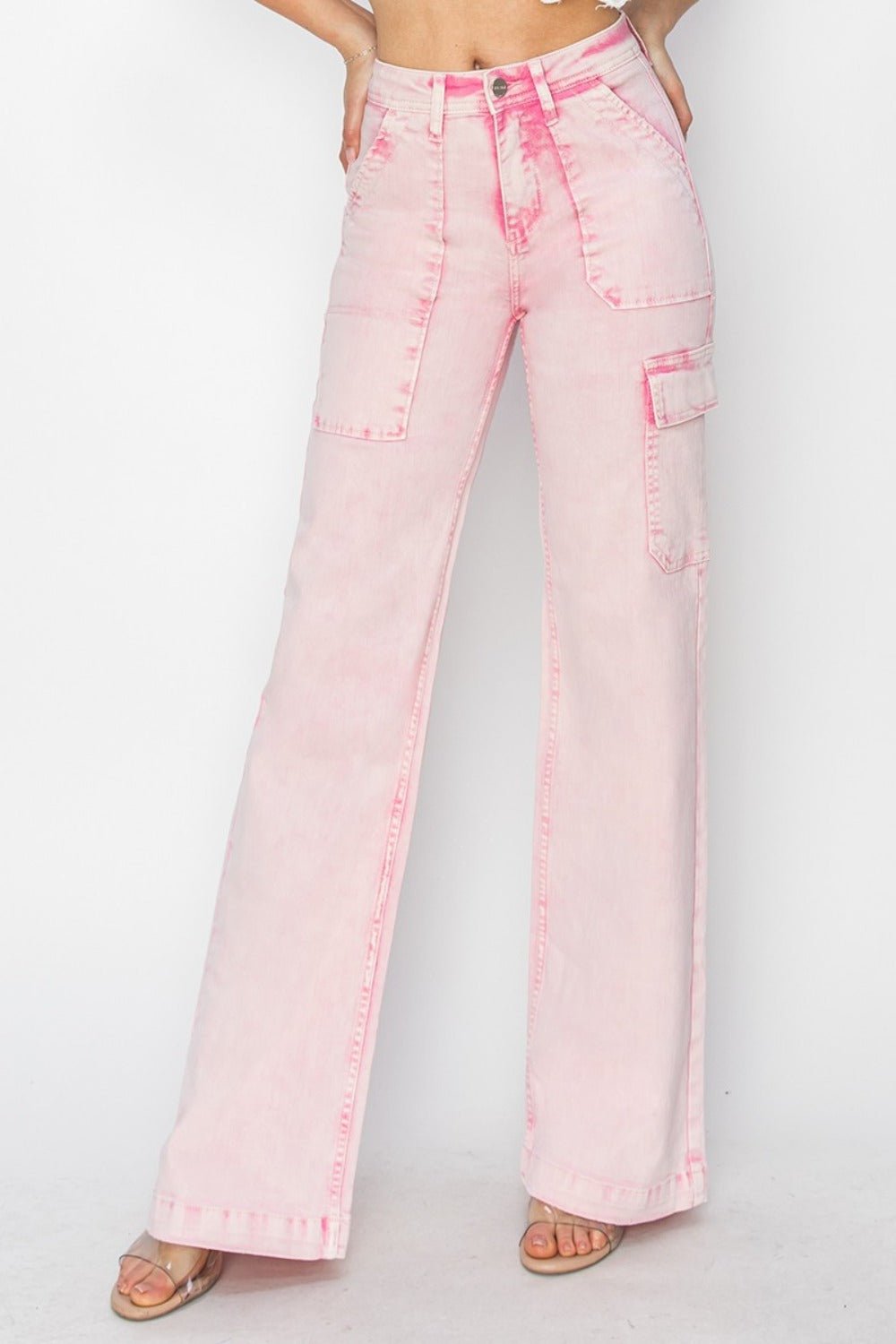 RISEN Full Size High Rise Wide Leg Cargo Pocket Jeans - Jeans - Acid Pink - Bella Bourget