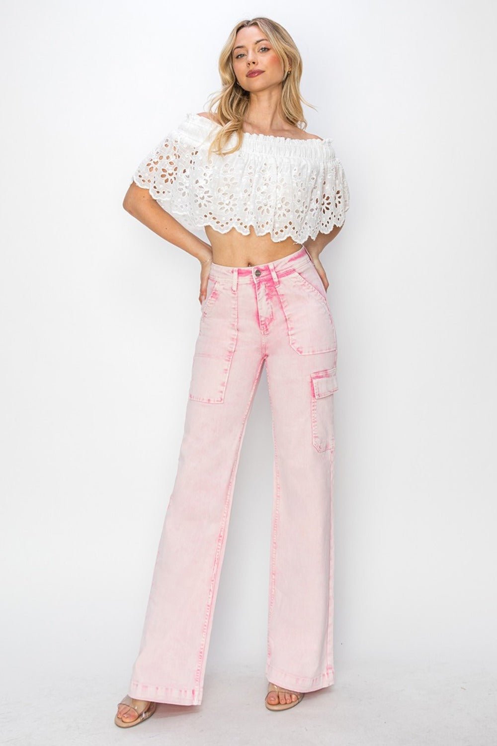 RISEN Full Size High Rise Wide Leg Cargo Pocket Jeans - Jeans - Acid Pink - Bella Bourget