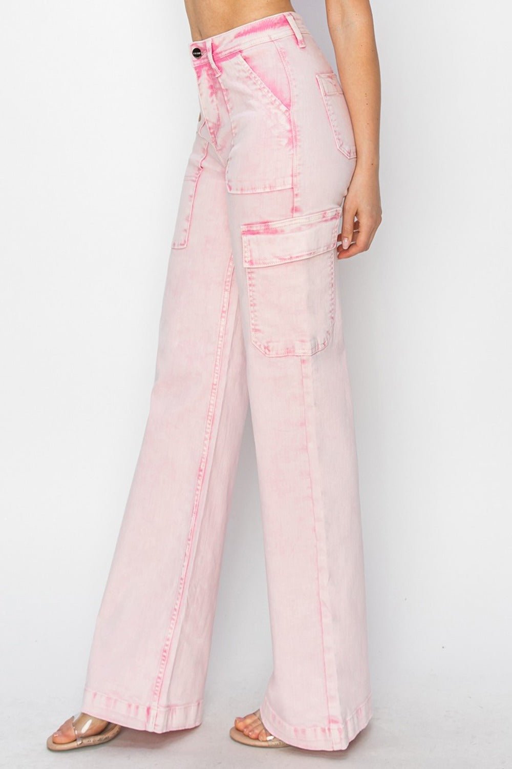 RISEN Full Size High Rise Wide Leg Cargo Pocket Jeans - Jeans - Acid Pink - Bella Bourget