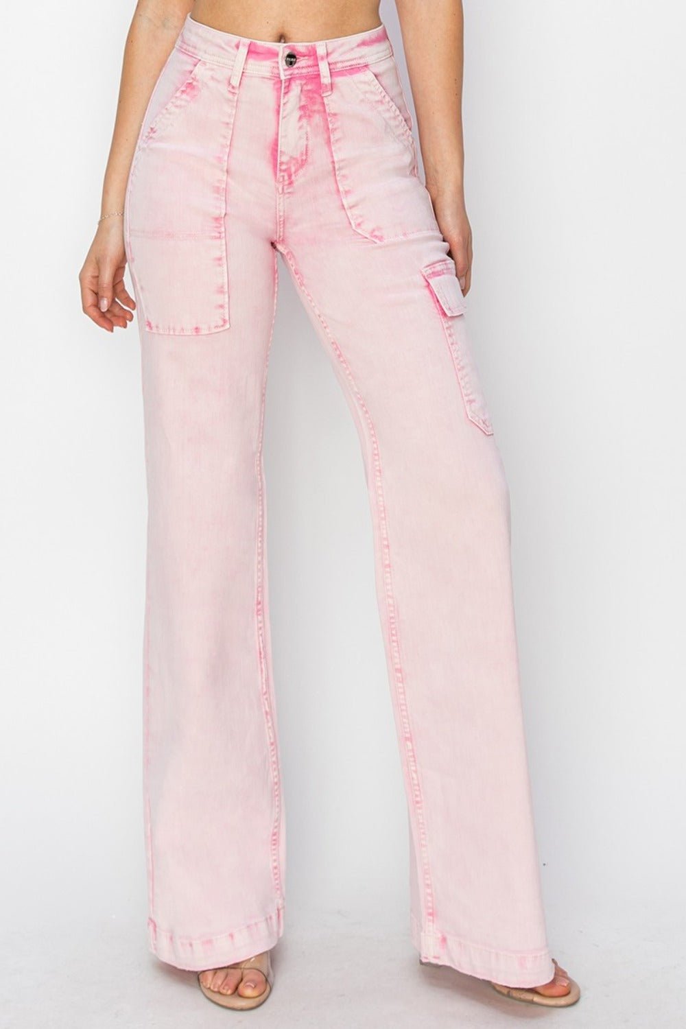 RISEN Full Size High Rise Wide Leg Cargo Pocket Jeans - Jeans - Acid Pink - Bella Bourget