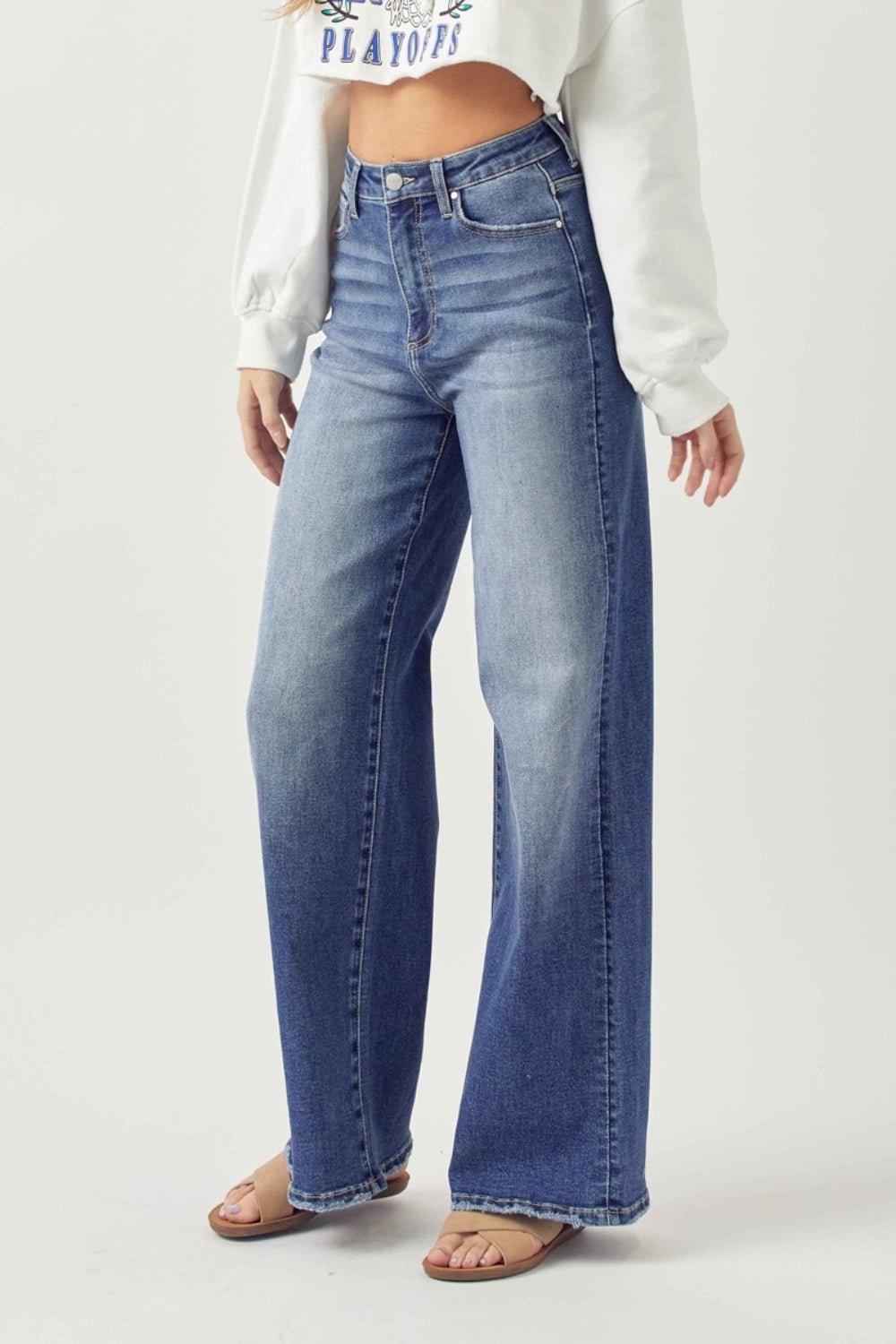 Risen Full Size High Rise Wide Leg Jeans - Jeans - Dark - Bella Bourget