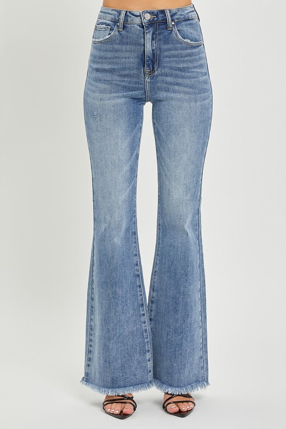 RISEN Full Size High Waist Raw Hem Flare Jeans - Jeans - Medium - Bella Bourget