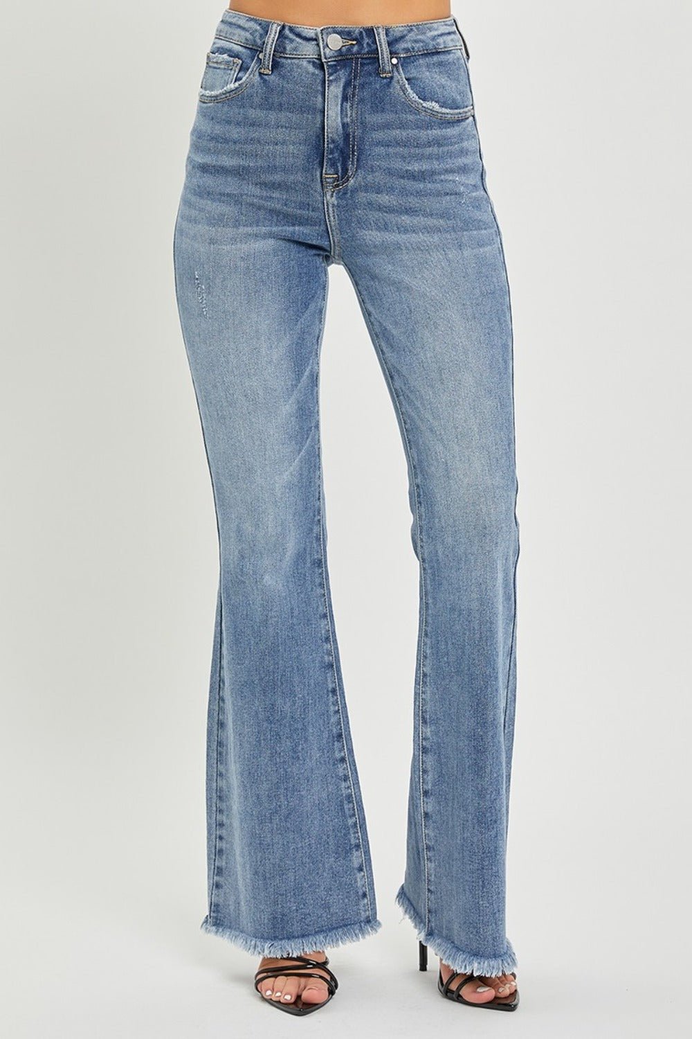 RISEN Full Size High Waist Raw Hem Flare Jeans - Jeans - Medium - Bella Bourget