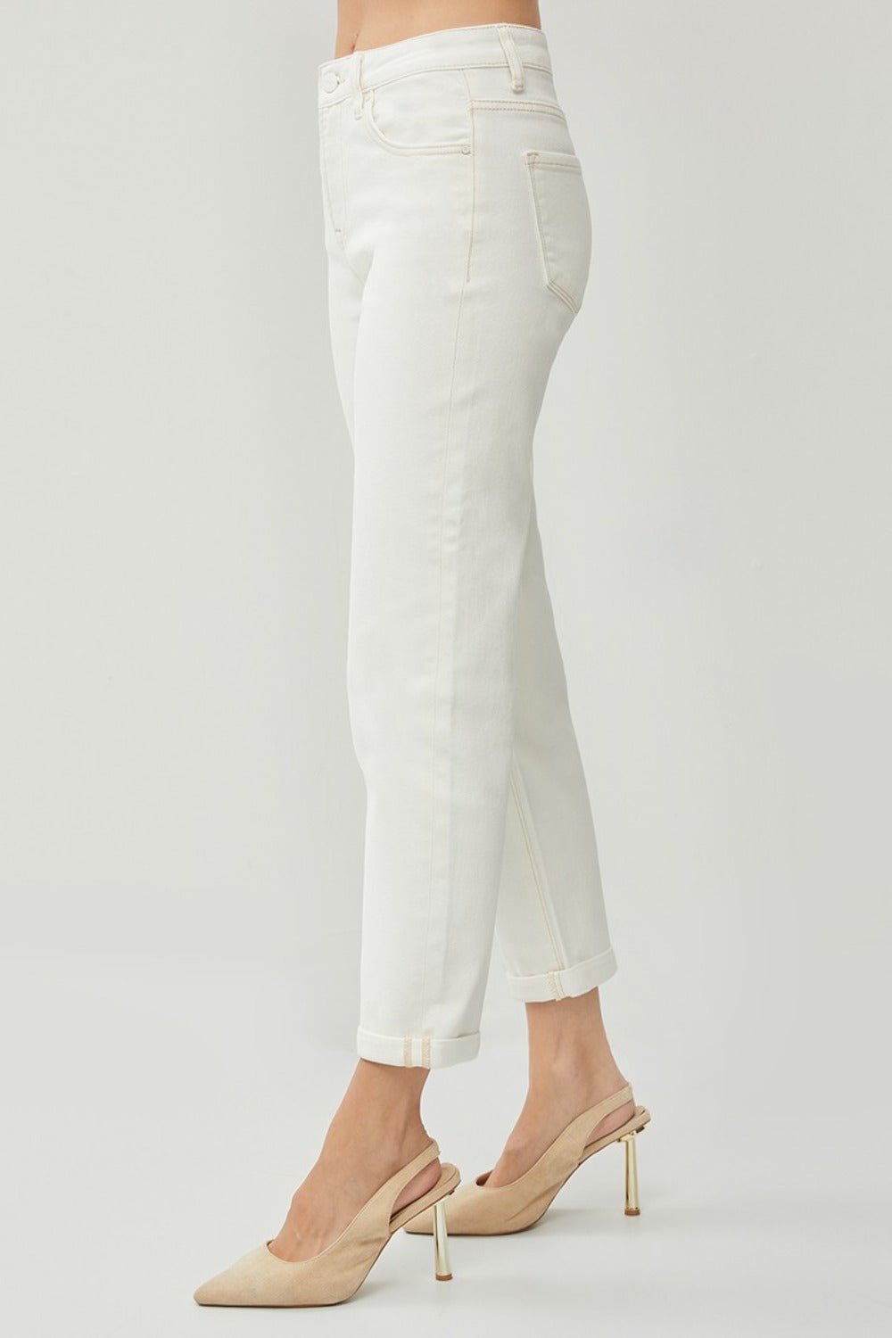 RISEN Full Size High Waist Rolled Hem Straight Jeans - Jeans - Cream - Bella Bourget