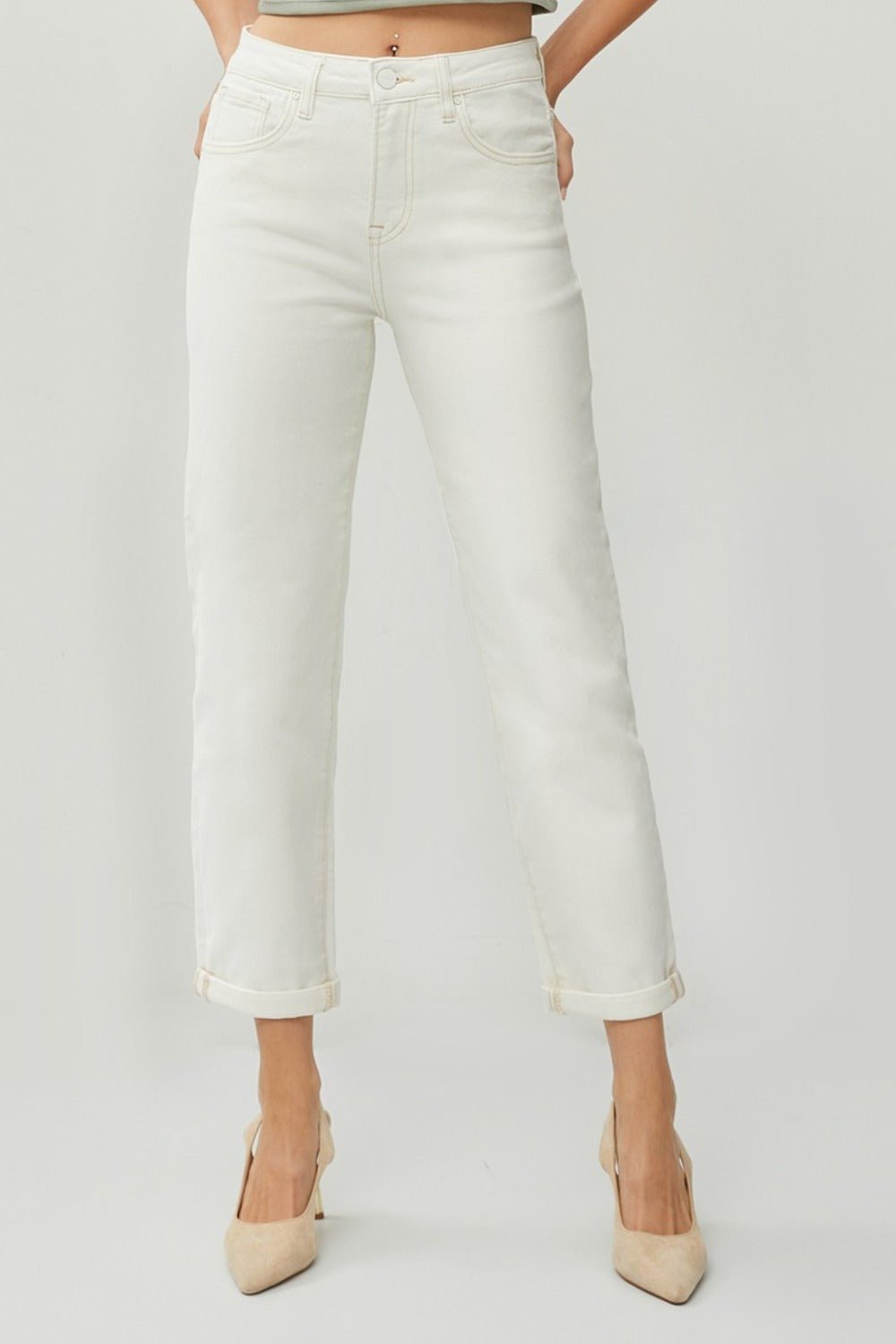 RISEN Full Size High Waist Rolled Hem Straight Jeans - Jeans - Cream - Bella Bourget