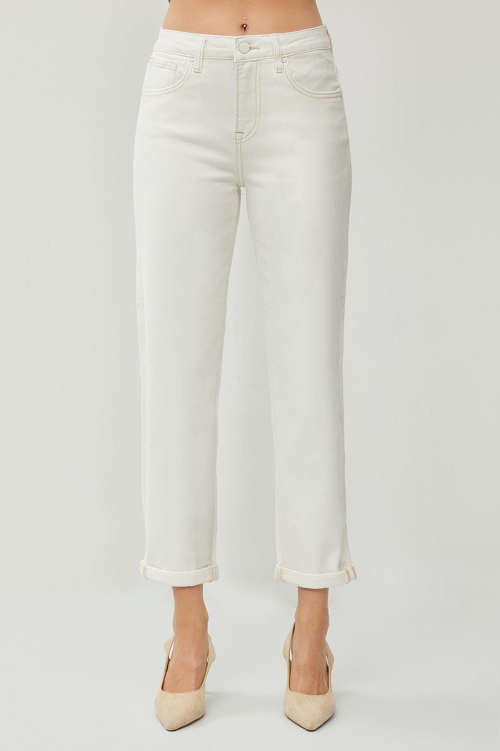 RISEN Full Size High Waist Rolled Hem Straight Jeans - Jeans - Cream - Bella Bourget