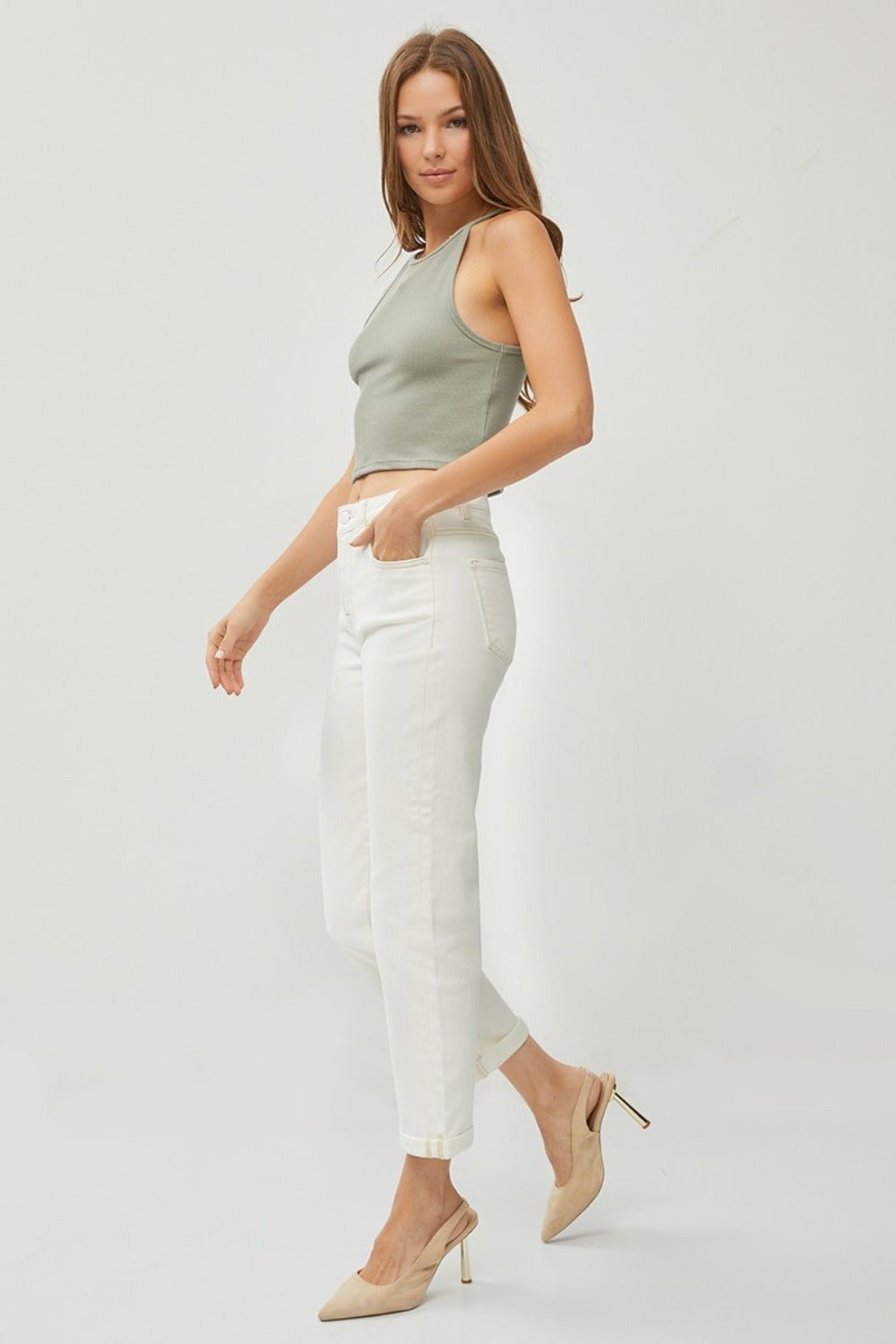 RISEN Full Size High Waist Rolled Hem Straight Jeans - Jeans - Cream - Bella Bourget