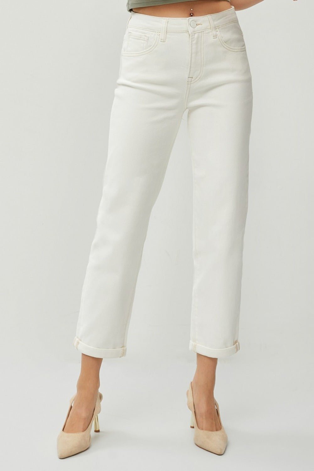 RISEN Full Size High Waist Rolled Hem Straight Jeans - Jeans - Cream - Bella Bourget