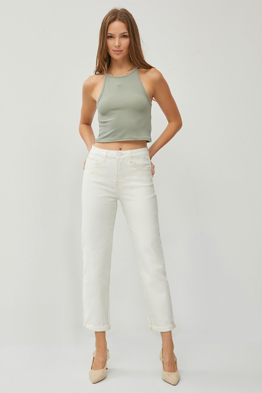 RISEN Full Size High Waist Rolled Hem Straight Jeans - Jeans - Cream - Bella Bourget