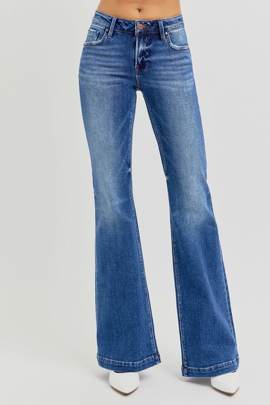 RISEN Full Size Low Rise Flare Jeans with Pockets - Jeans - Dark - Bella Bourget