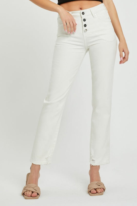 RISEN Full Size Mid - Rise Tummy Control Straight Jeans - jeans - White - Bella Bourget