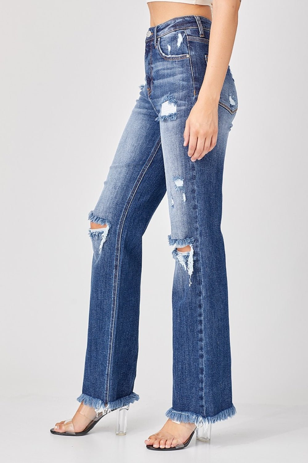 Risen Full Size Raw Hem Distressed Straight Jeans - Jeans - Deep Blue - Bella Bourget